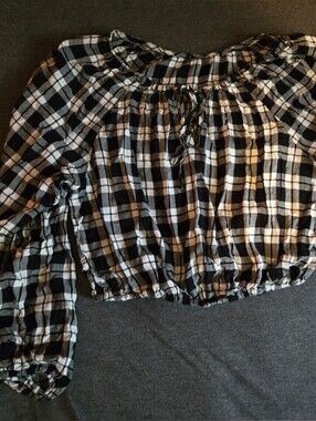 Black and White Plaid Off-Shoulder Crop Top